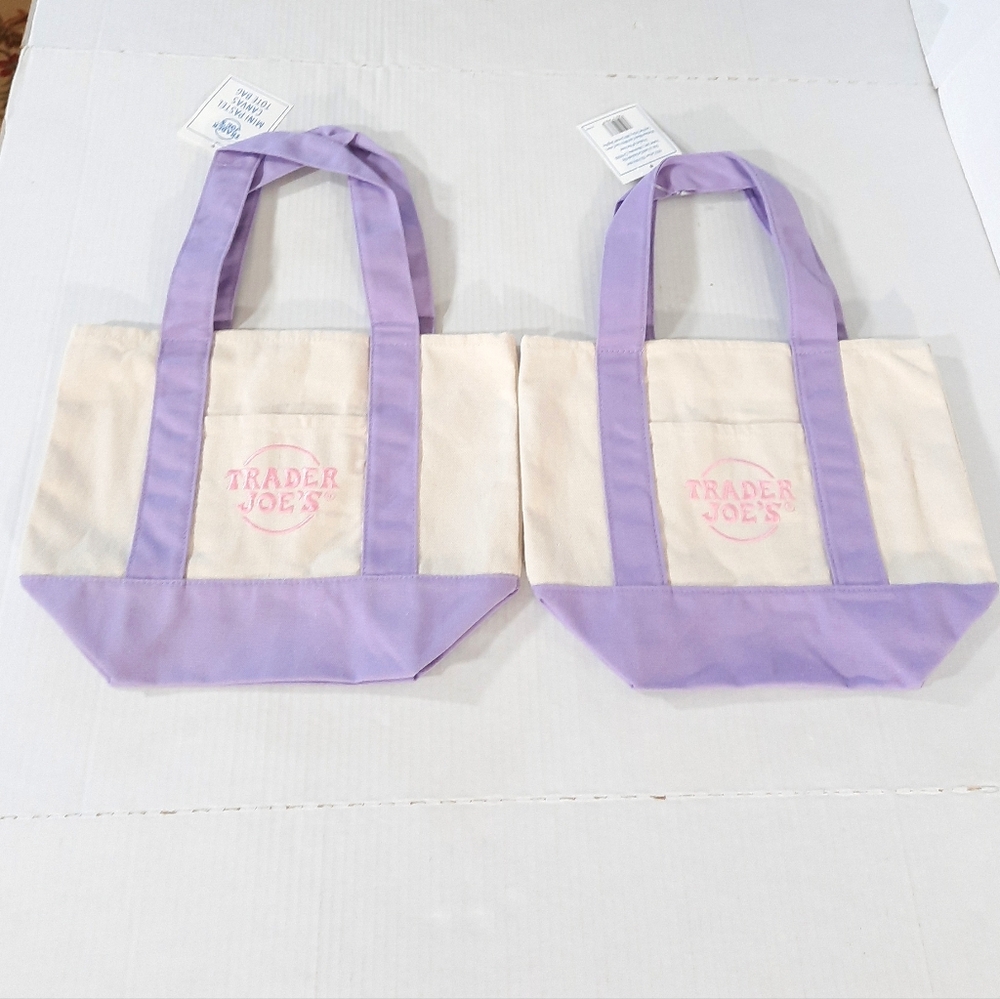Trader Joe's Mini Pastel Canvas Tote Bags Lavender New with Tags, Set of 2